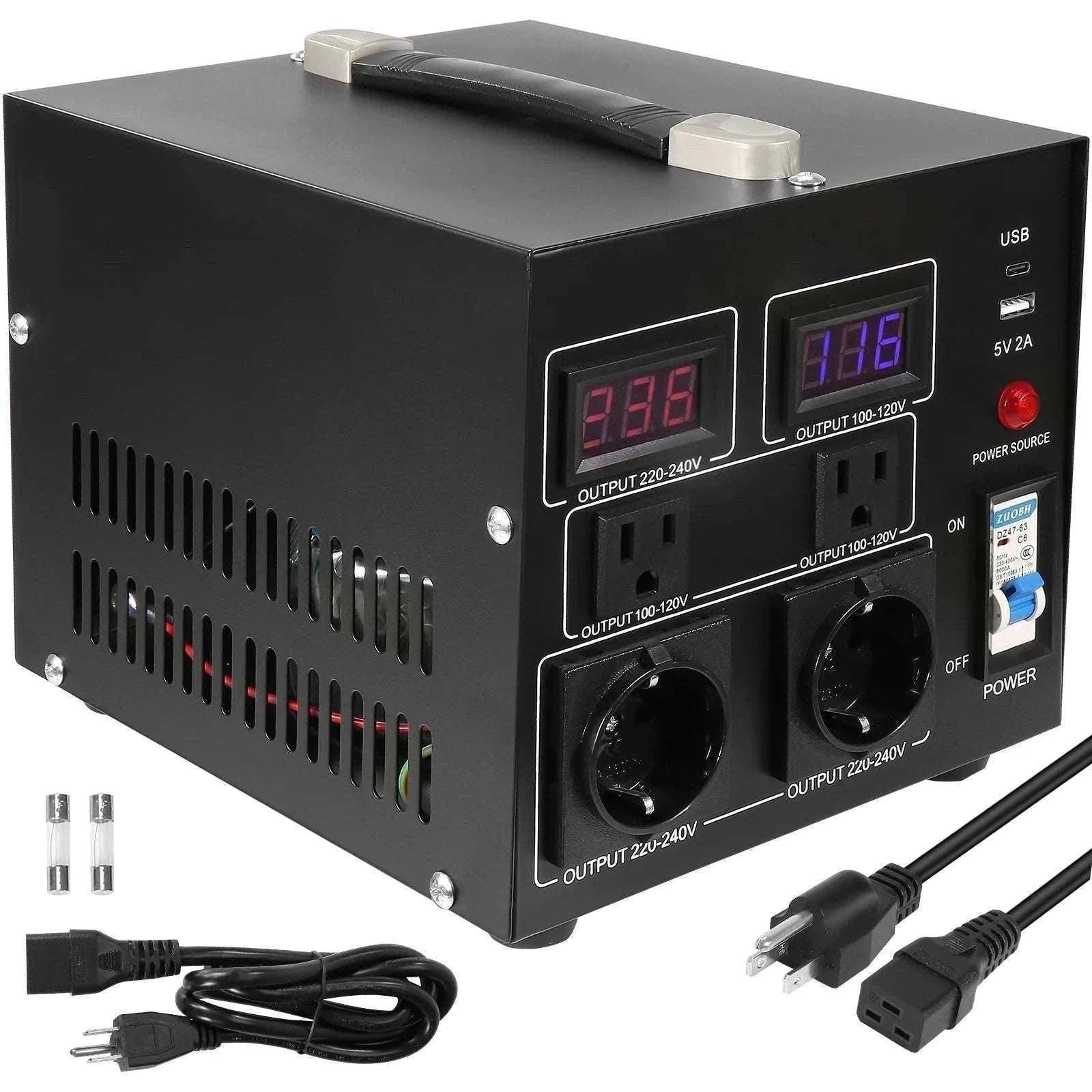 Step Up Down Voltage Converter 2000VA–5000VA with USB & EU/US Outlets-