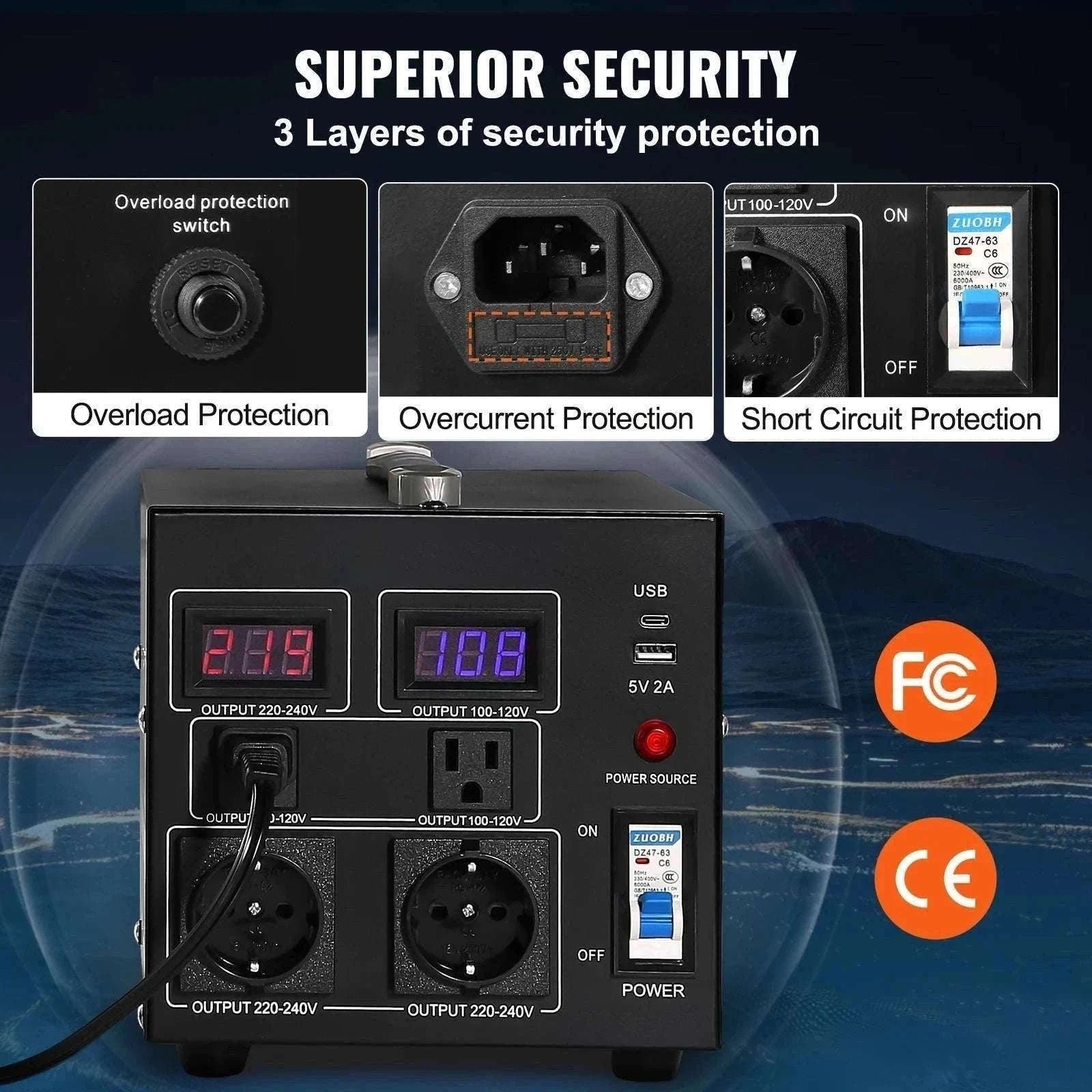 Step Up Down Voltage Converter 2000VA–5000VA with USB & EU/US Outlets-