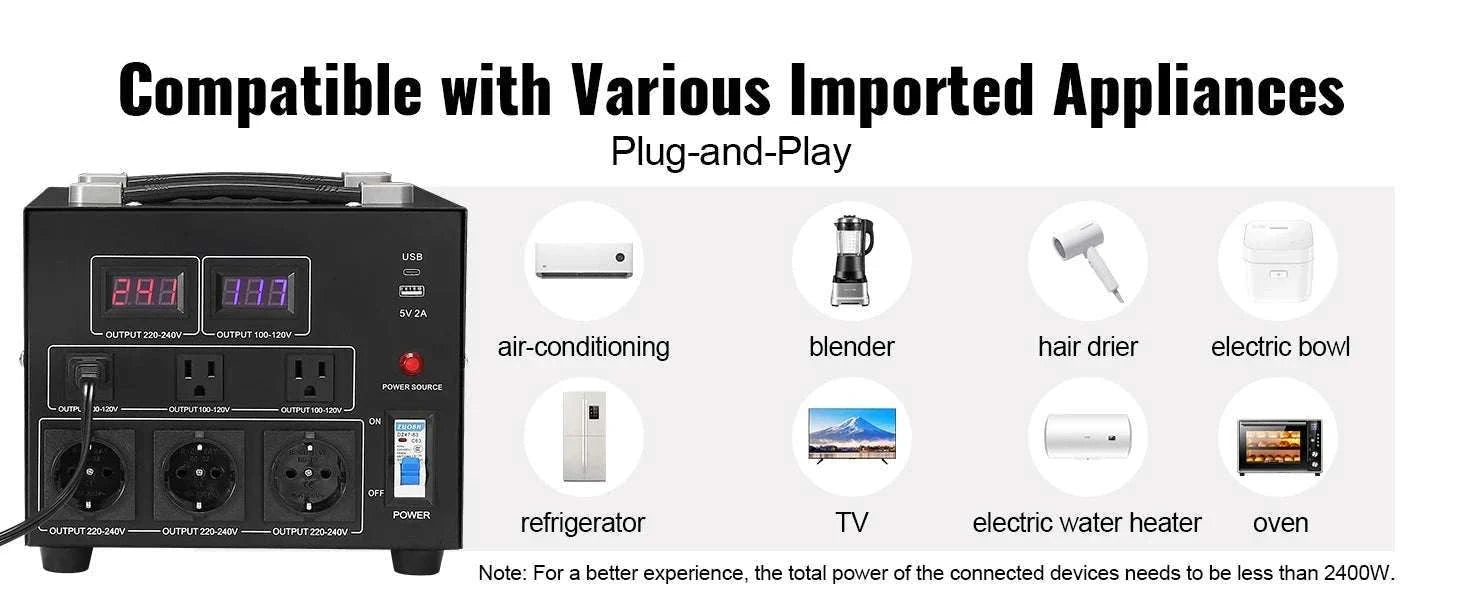Step Up/Down Voltage Converter 2000VA–5000VA with USB & Multi Outlets-5000VA / United States