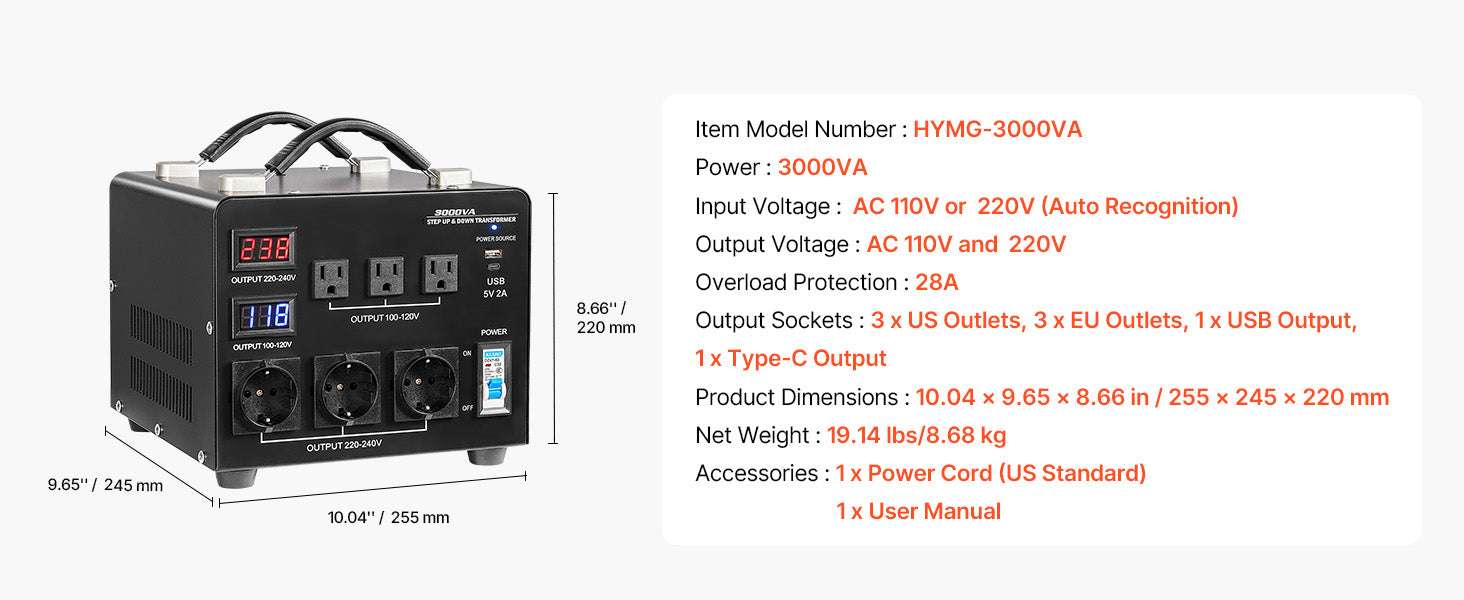 Step Up & Down Voltage Converter Transformer 500–6000VA US/EU-3000VA Automatic / United States