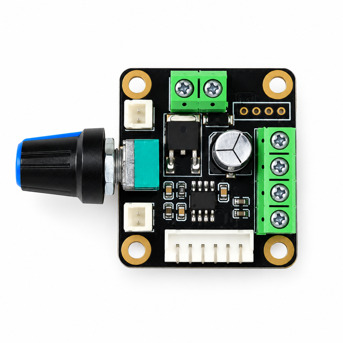 Black stepper motor speed controller module with rotary knob on white background