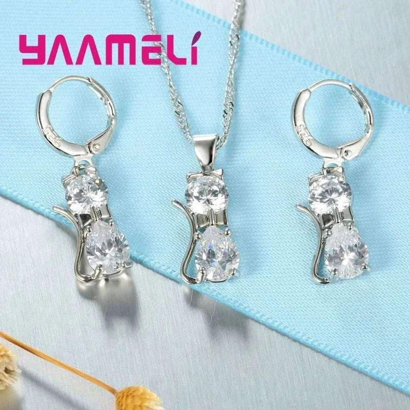 Sterling Silver Cat Jewelry Set with Shining Crystal Details-Red