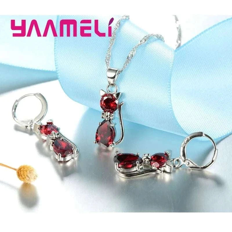 Sterling Silver Cat Jewelry Set with Shining Crystal Details-Red