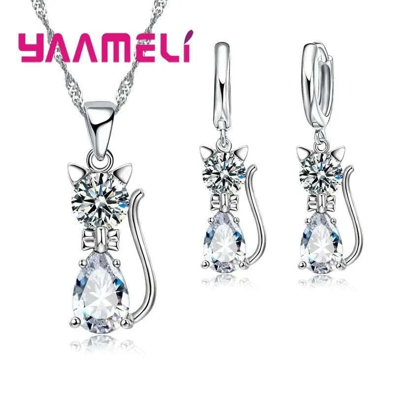 Sterling Silver Cat Jewelry Set with Shining Crystal Details-Red