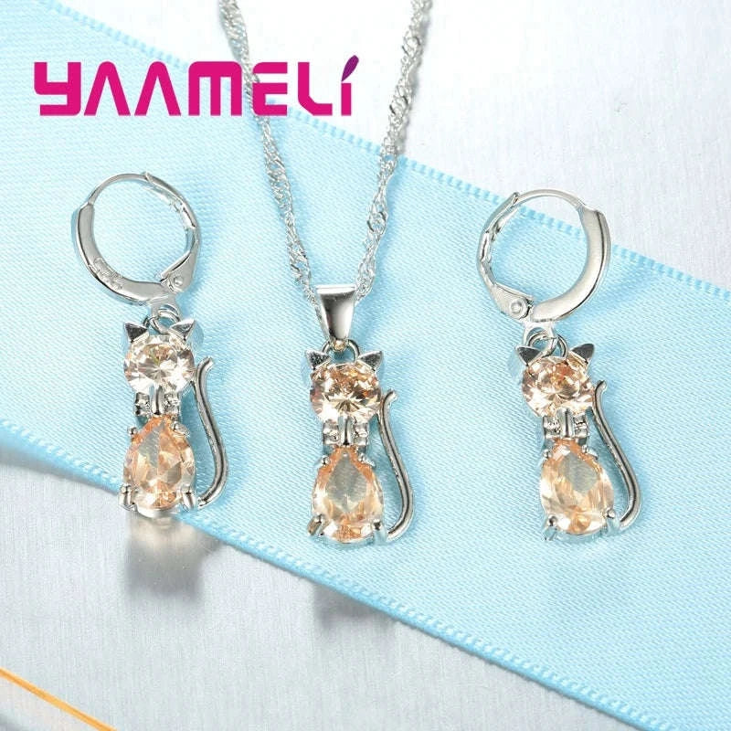 Sterling Silver Cat Jewelry Set with Shining Crystal Details-Red