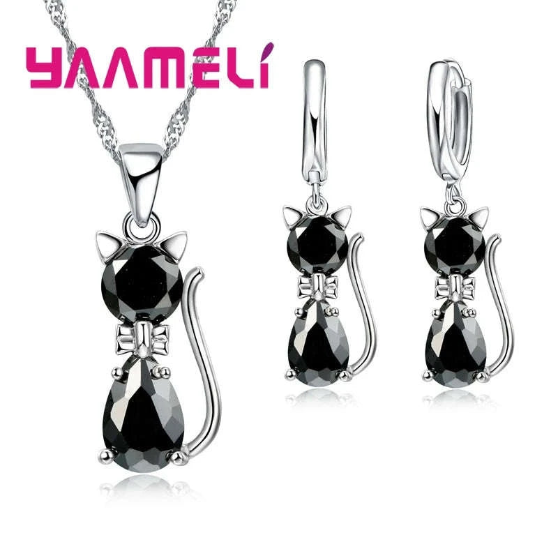 Sterling Silver Cat Jewelry Set with Shining Crystal Details-Red