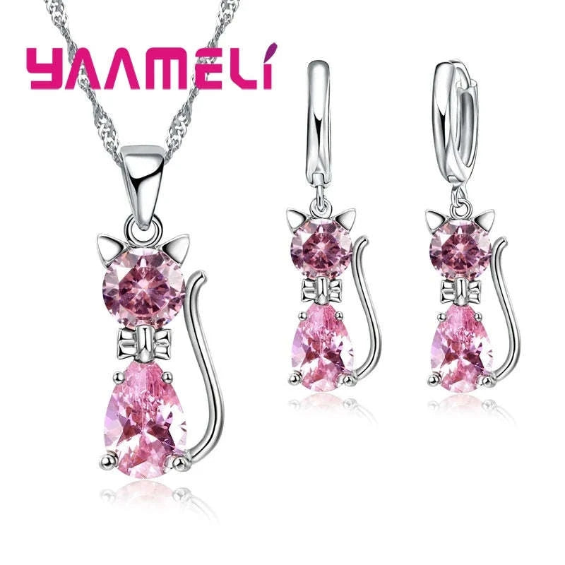 Sterling Silver Cat Jewelry Set with Shining Crystal Details-Red