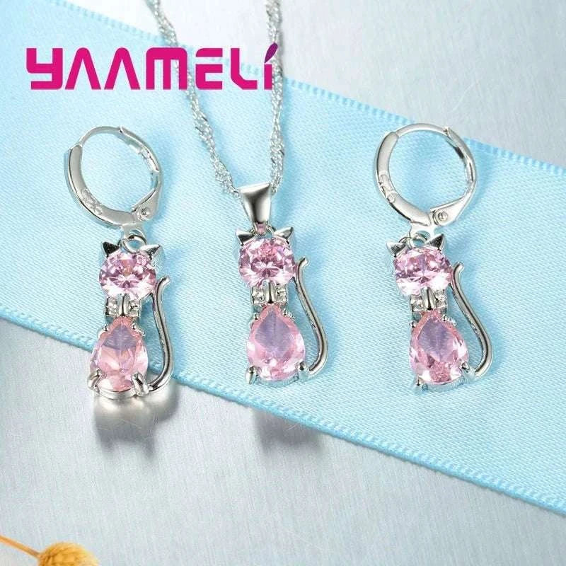 Sterling Silver Cat Jewelry Set with Shining Crystal Details-Red