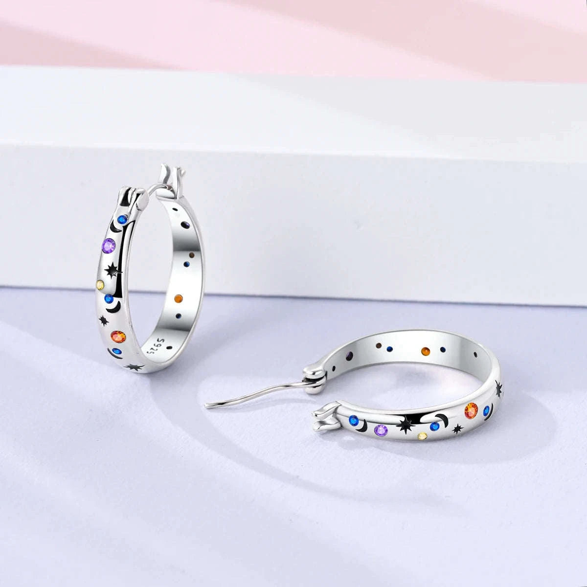 Sterling Silver Star Hoop Earrings with Colored Zirconium-KTE307 / CHINA