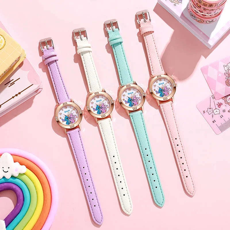 Stitch Cartoon Kids Watch with Leather Strap and Rhinestone Dial-Sky Blue