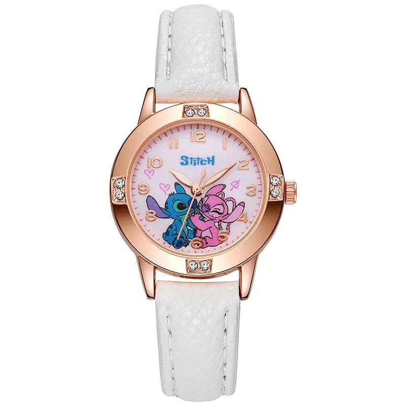 Stitch Cartoon Kids Watch with Leather Strap and Rhinestone Dial-Sky Blue