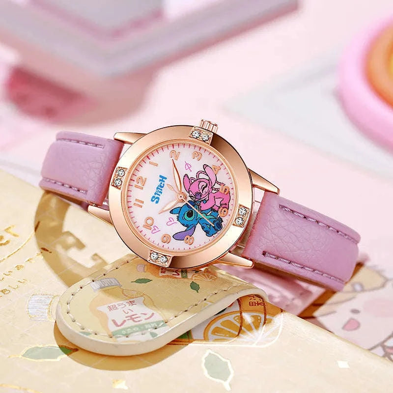 Stitch Cartoon Kids Watch with Leather Strap and Rhinestone Dial-Sky Blue