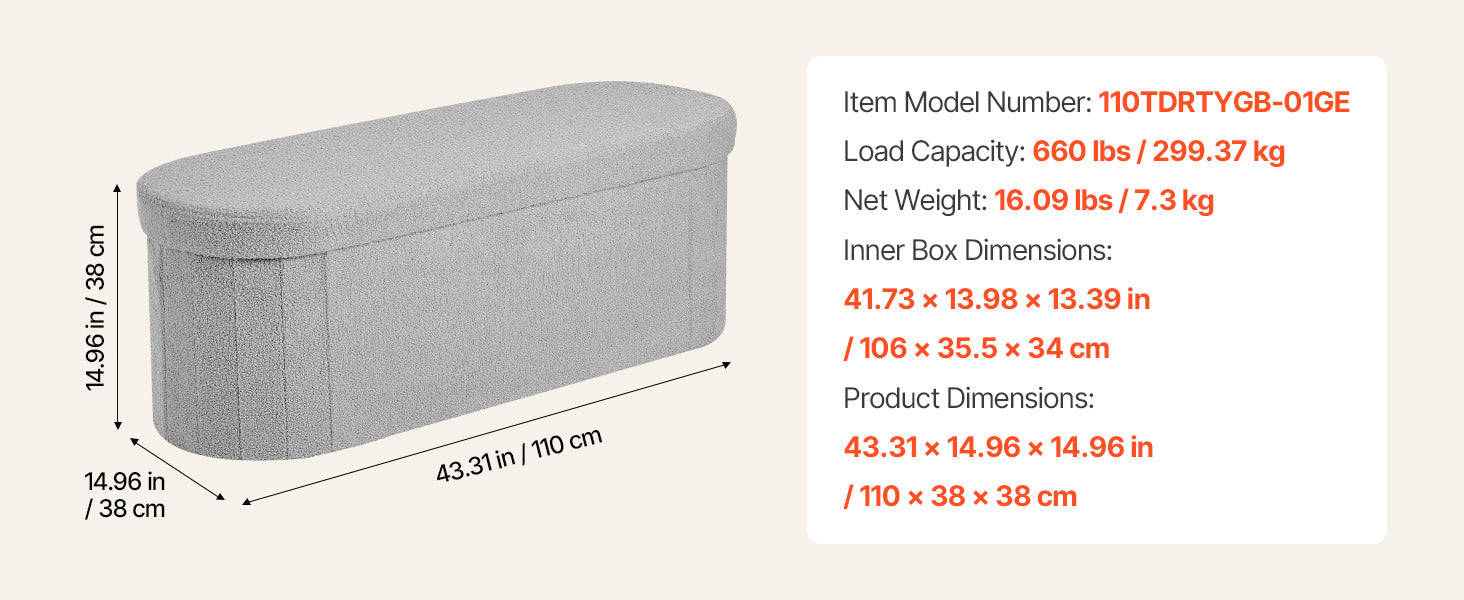Foldable Storage Ottoman Bench with Hidden Compartments, 660lb Support
