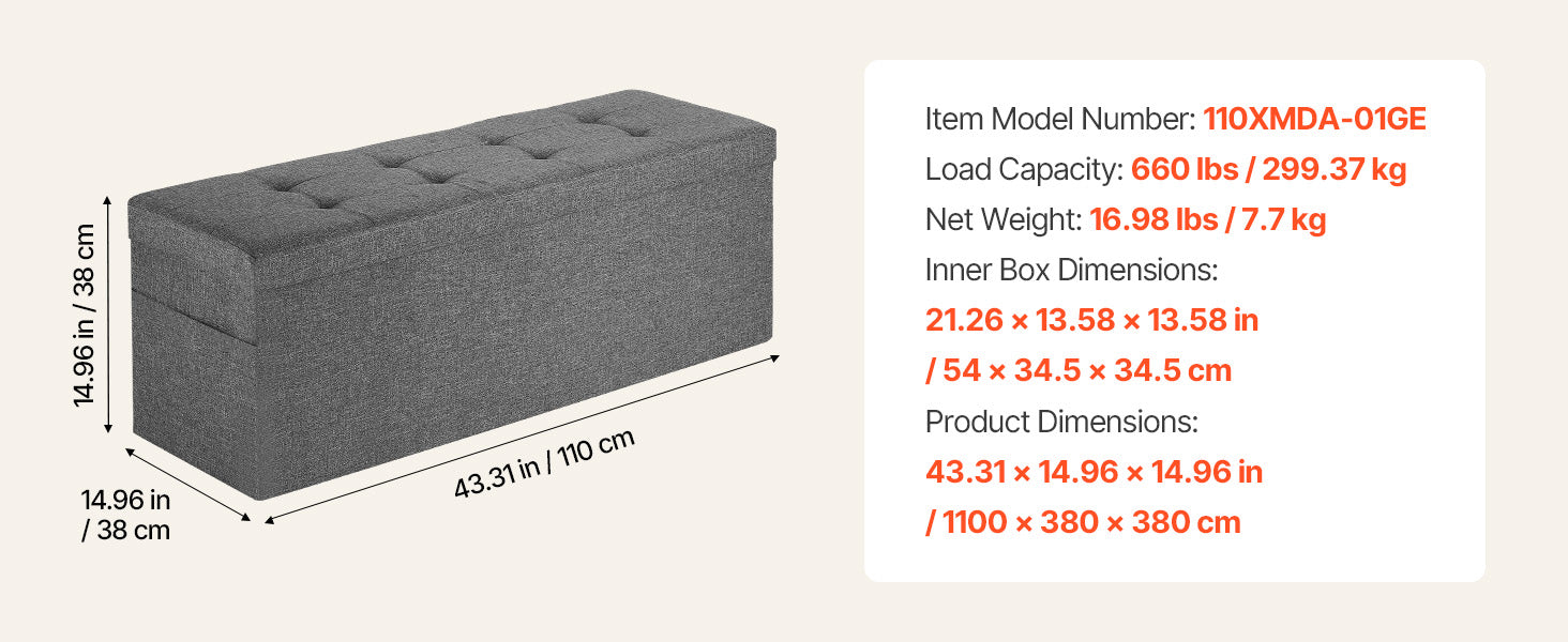 Foldable Storage Ottoman Bench with Hidden Compartments, 660lb Support