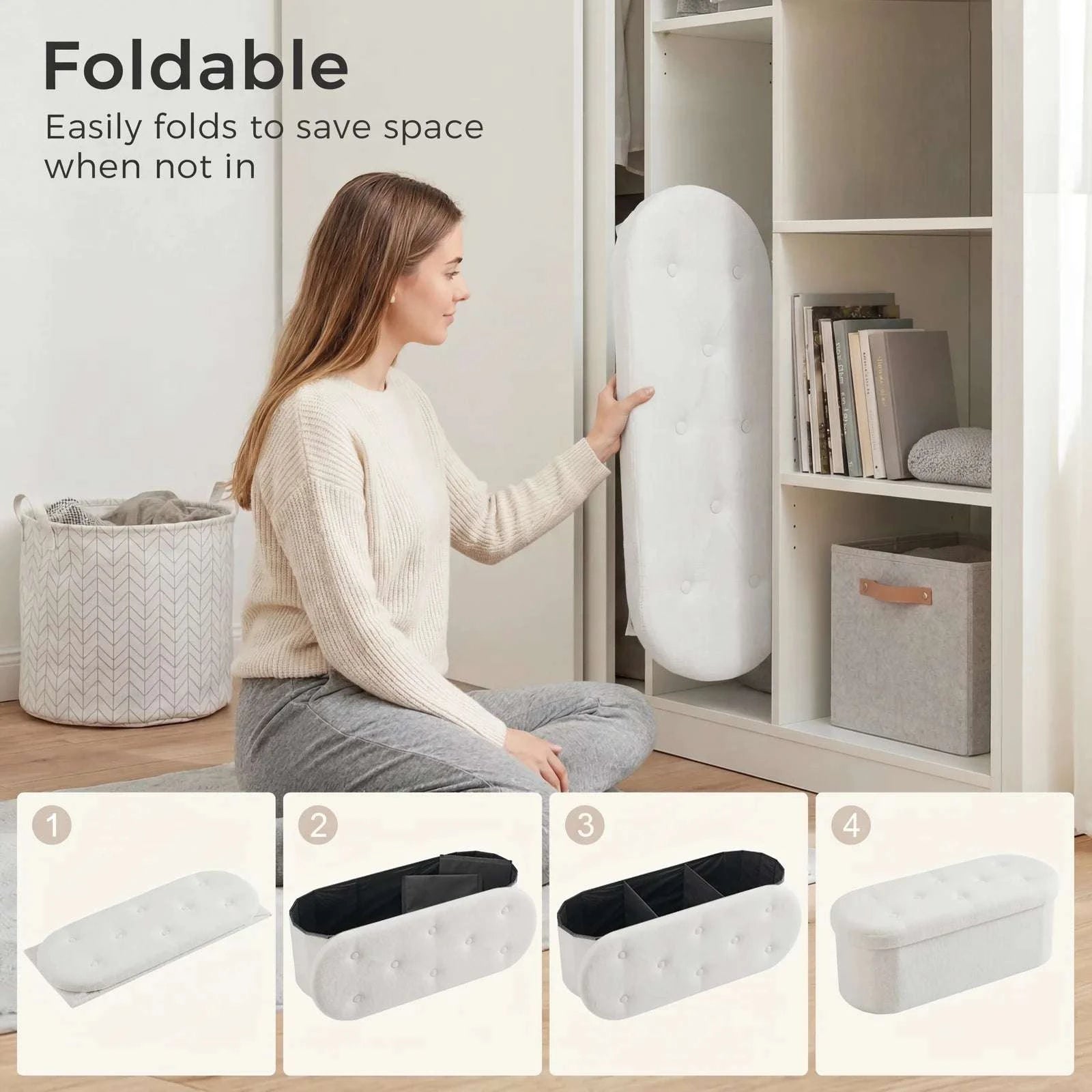 Storage Ottoman Bench 43 Inch with Hidden Storage and Cushion Seat-43IN White / United States