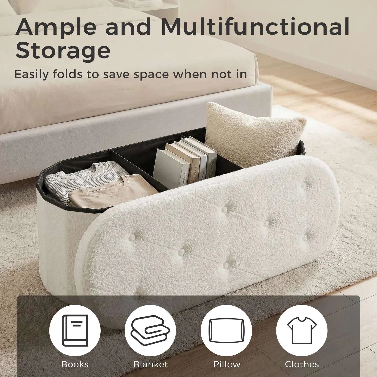 Storage Ottoman Bench 43 Inch with Hidden Storage and Cushion Seat-43IN White / United States
