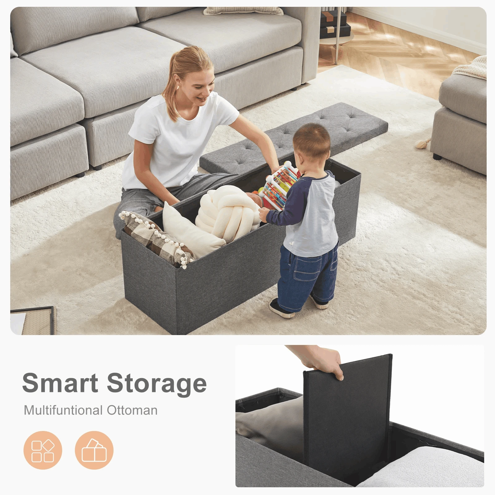 Storage Ottoman Bench with Hidden Toy Box Linen Stool 43in-SMALL / United States
