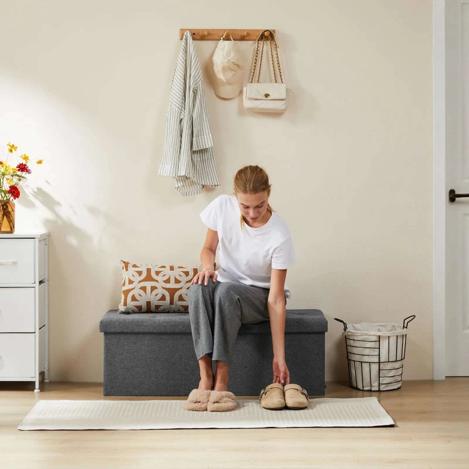 Storage Ottoman Bench with Hidden Toy Box Linen Stool 43in-SMALL / United States