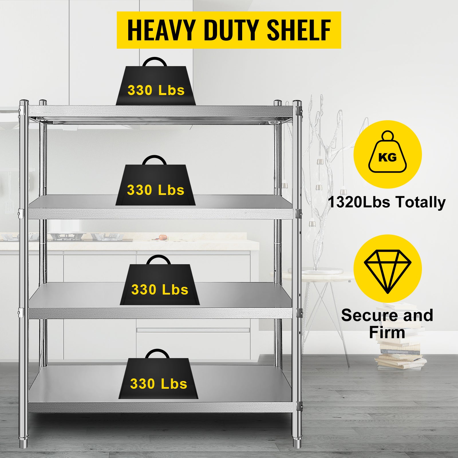 SucceBuy 4-Tier 5-Tier Stainless Steel Commercial Storage Rack Shelf for Kitchen Warehouse Garage Storing Kitchenware