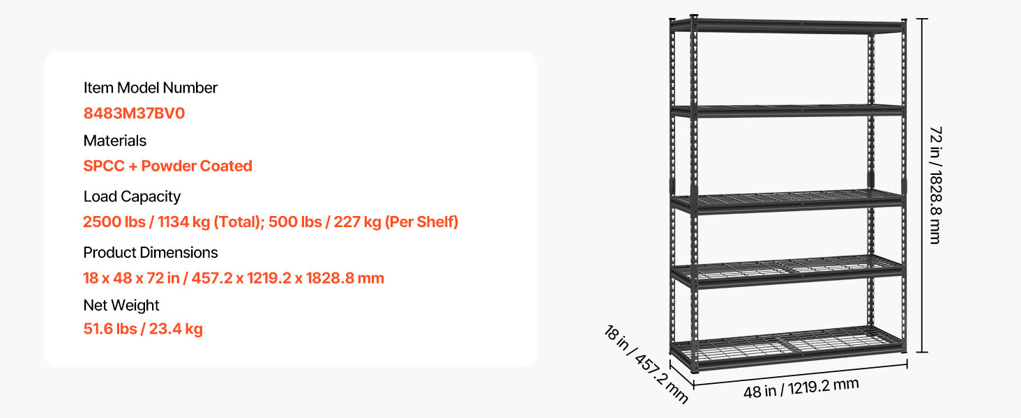 5-Tier Adjustable Metal Garage Shelving Unit 48" Wide Heavy Duty