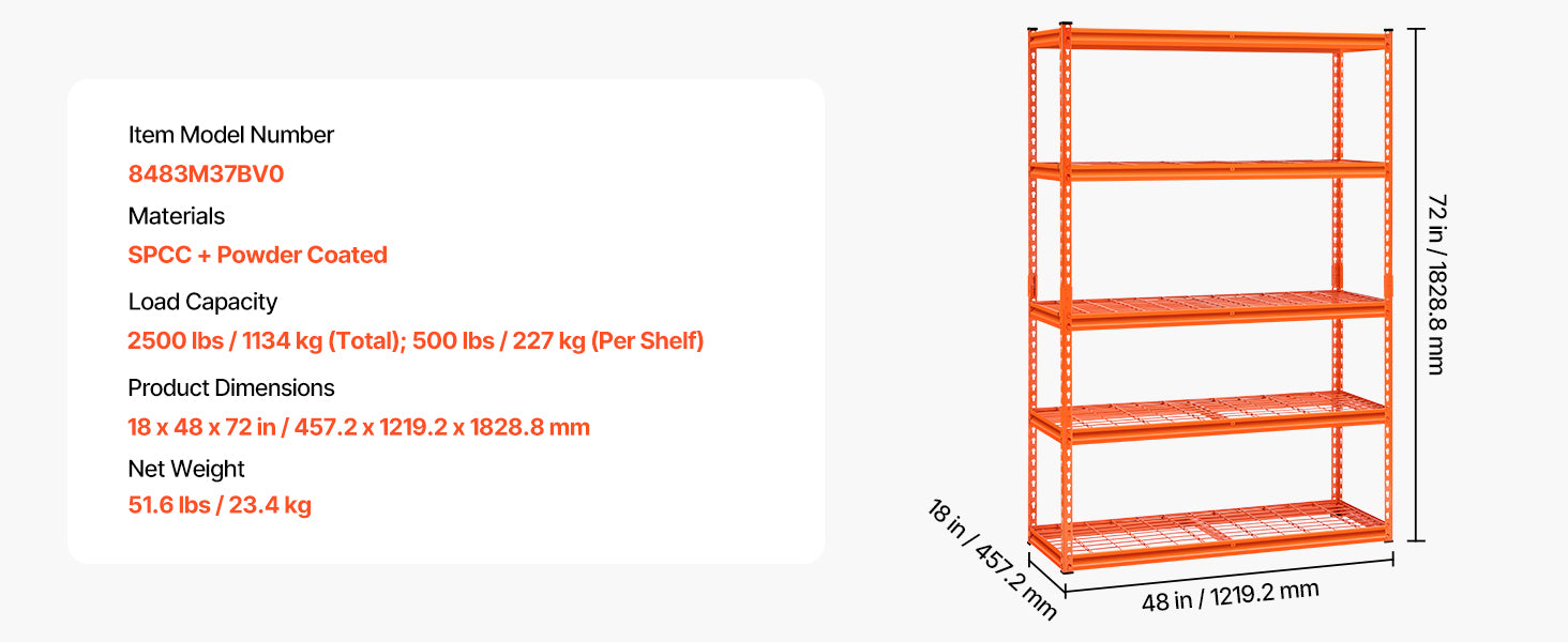5-Tier Adjustable Metal Garage Shelving Unit 48" Wide Heavy Duty