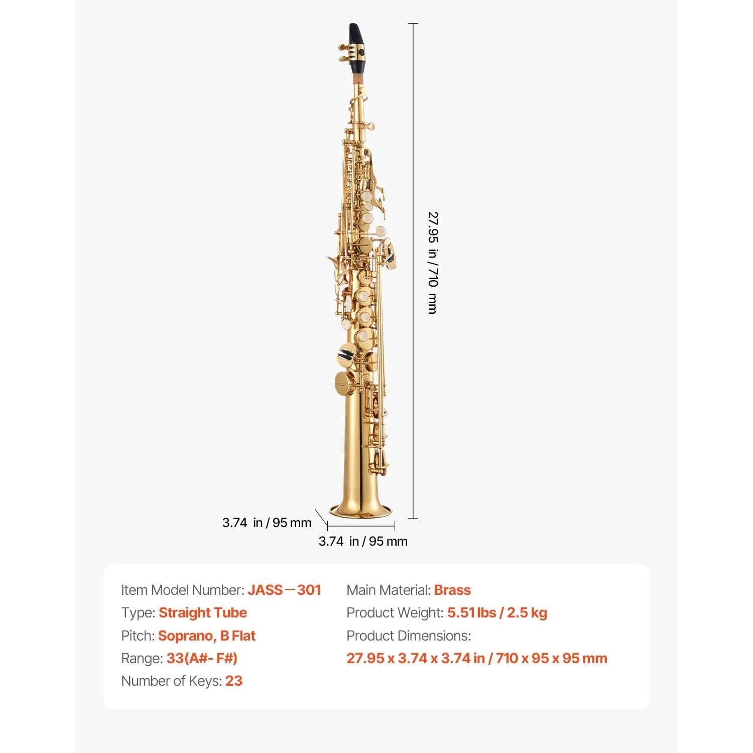 Straight Soprano Saxophone B Flat 23 Keys Beginner Kit-High-tone / United States