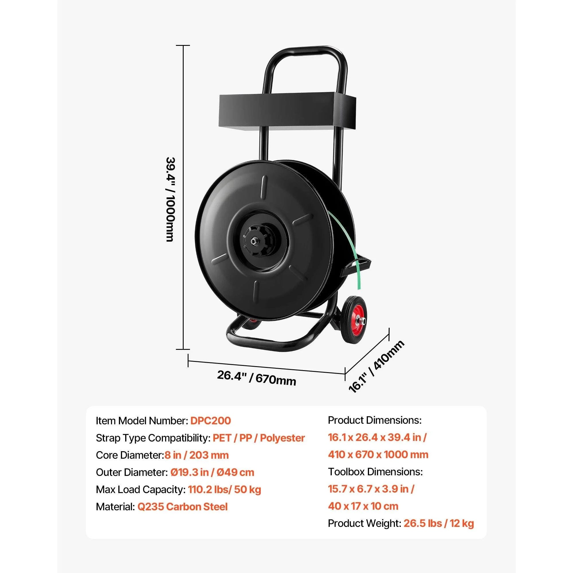 Strapping Dispenser Cart with Anti-Tangle Brake for 8" & 16" Coils-16in new / United States