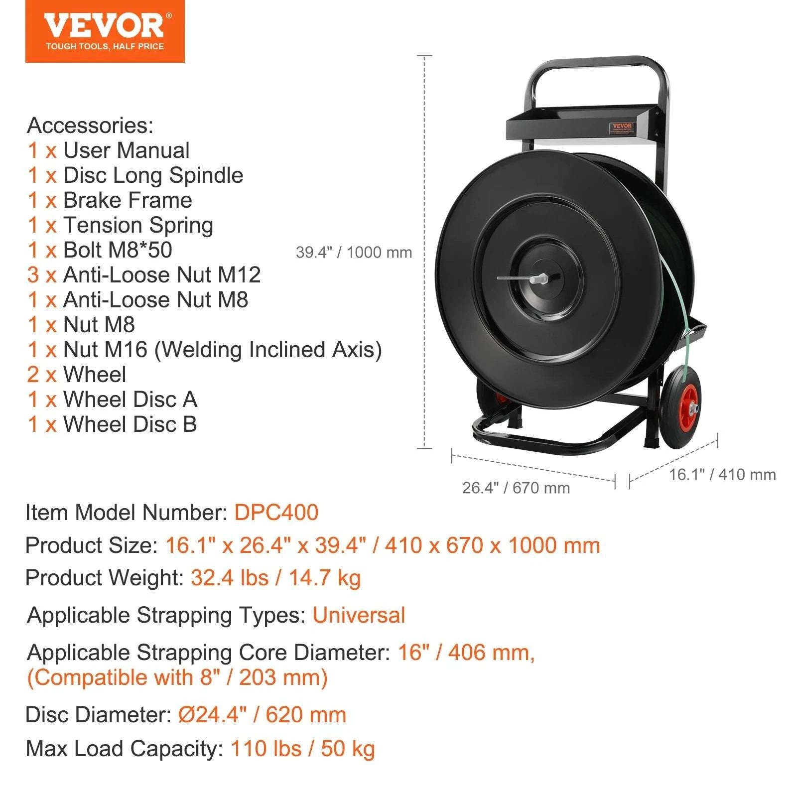 Strapping Dispenser Cart with Anti-Tangle Brake for 8" & 16" Coils-16in new / United States