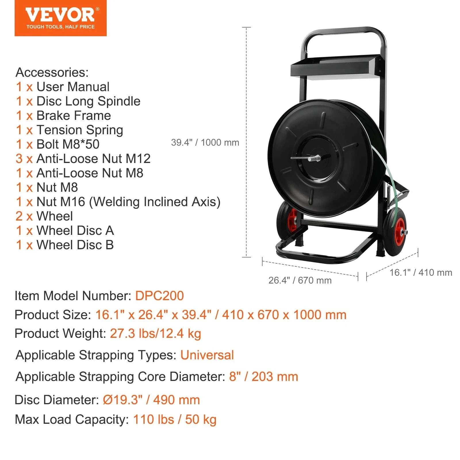 Strapping Dispenser Cart with Anti-Tangle Brake for 8" & 16" Coils-16in new / United States