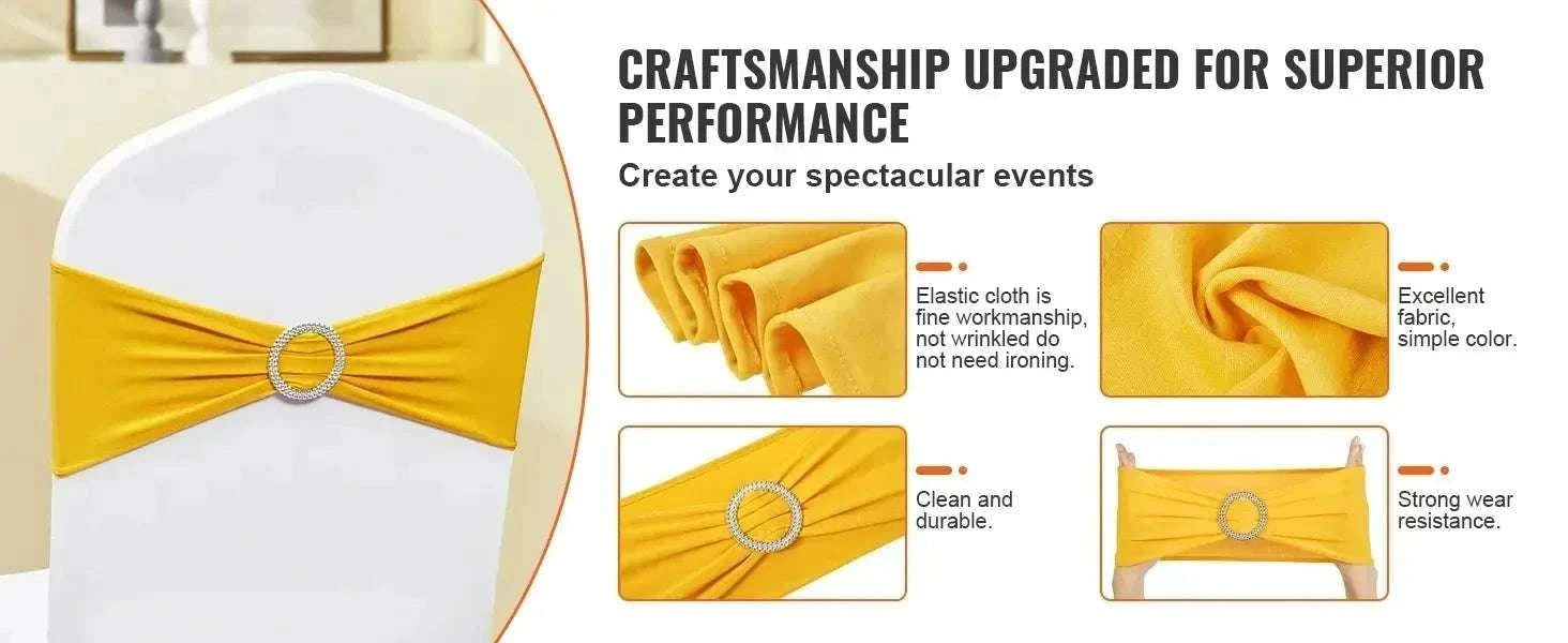 Stretch Spandex Chair Sashes with Buckle, 50 PCS Golden Yellow-United States