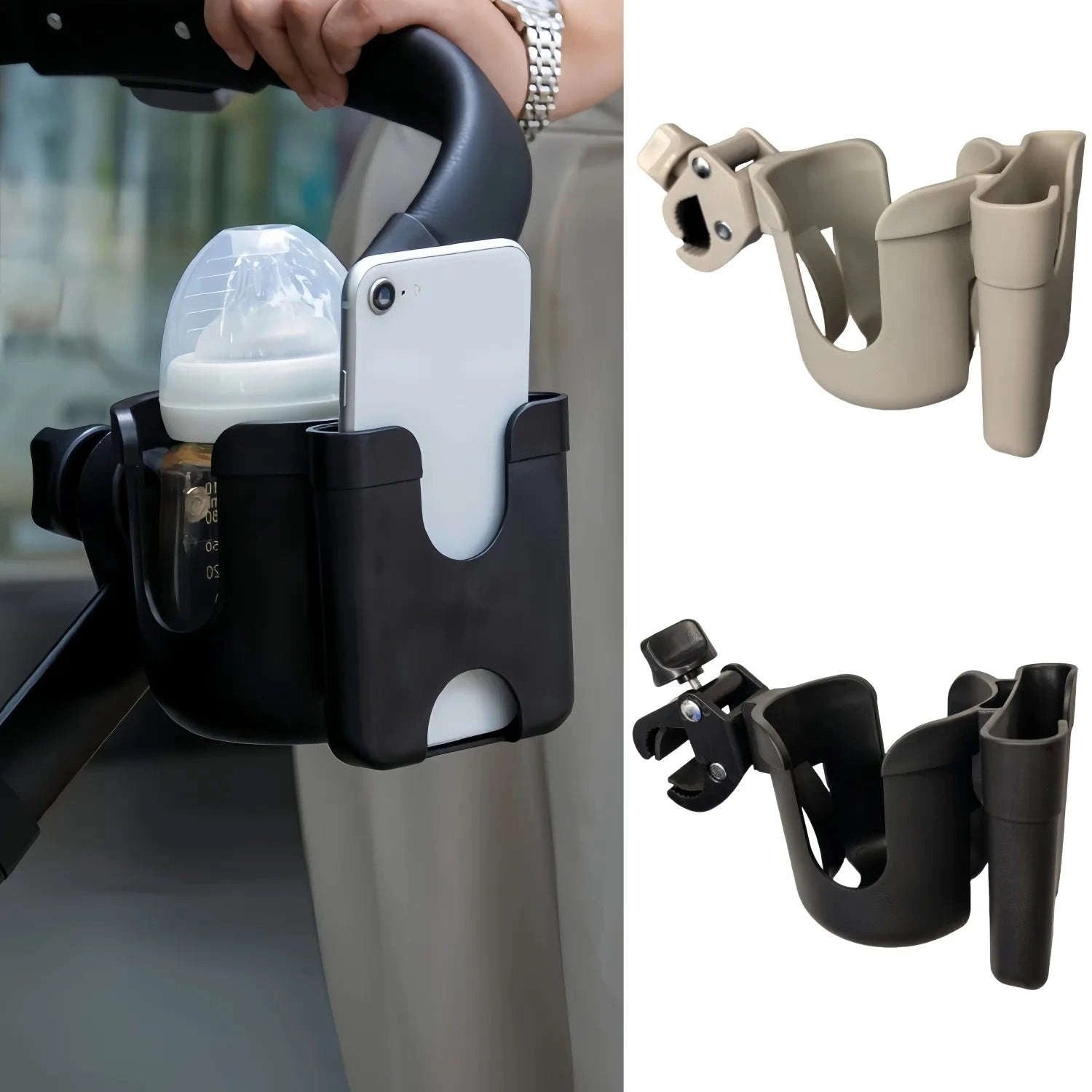 Stroller Cup and Phone Holder for Prams with Anti-Slip Design-Beige