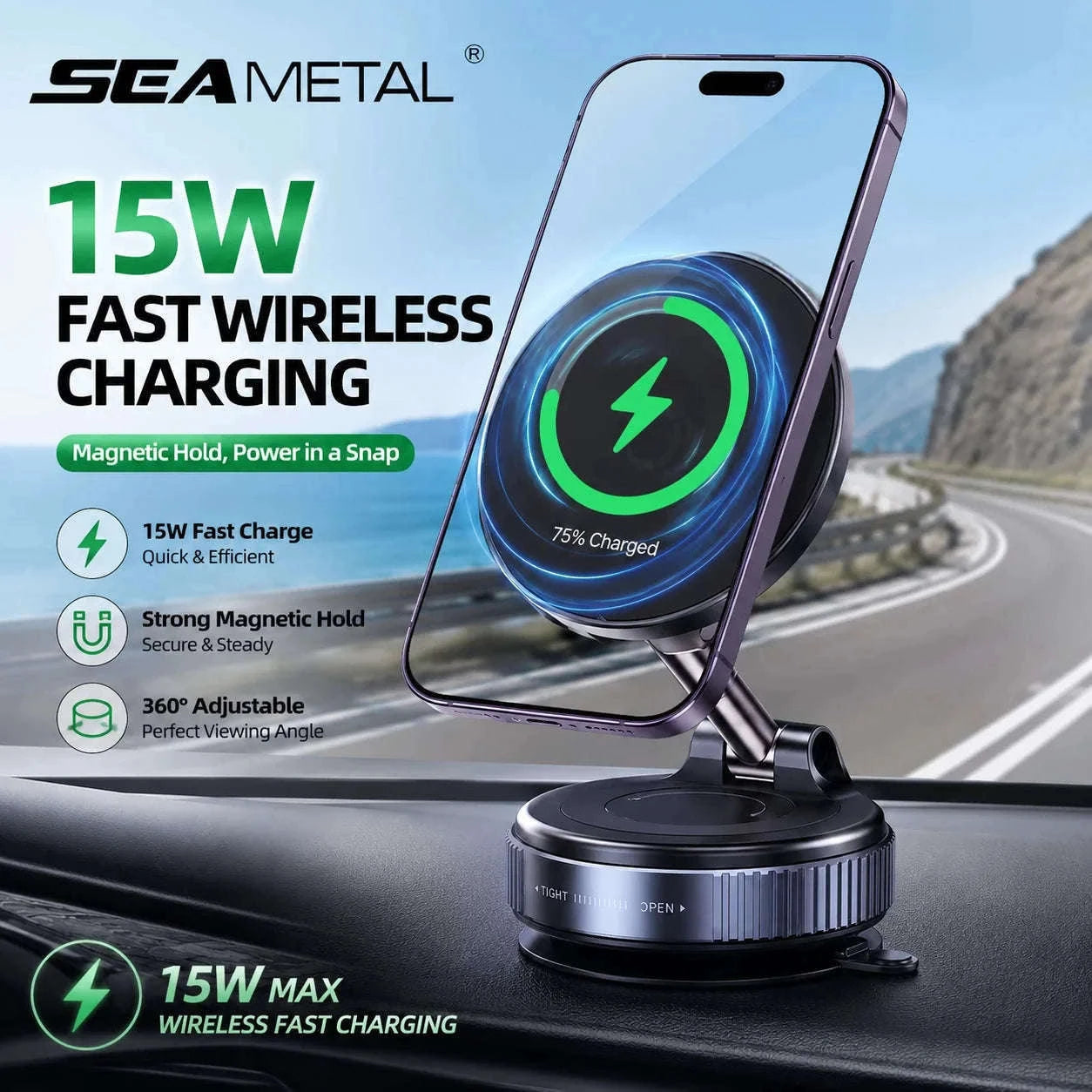 Strong Magnetic Car Phone Holder with Wireless Charging-1PC Black