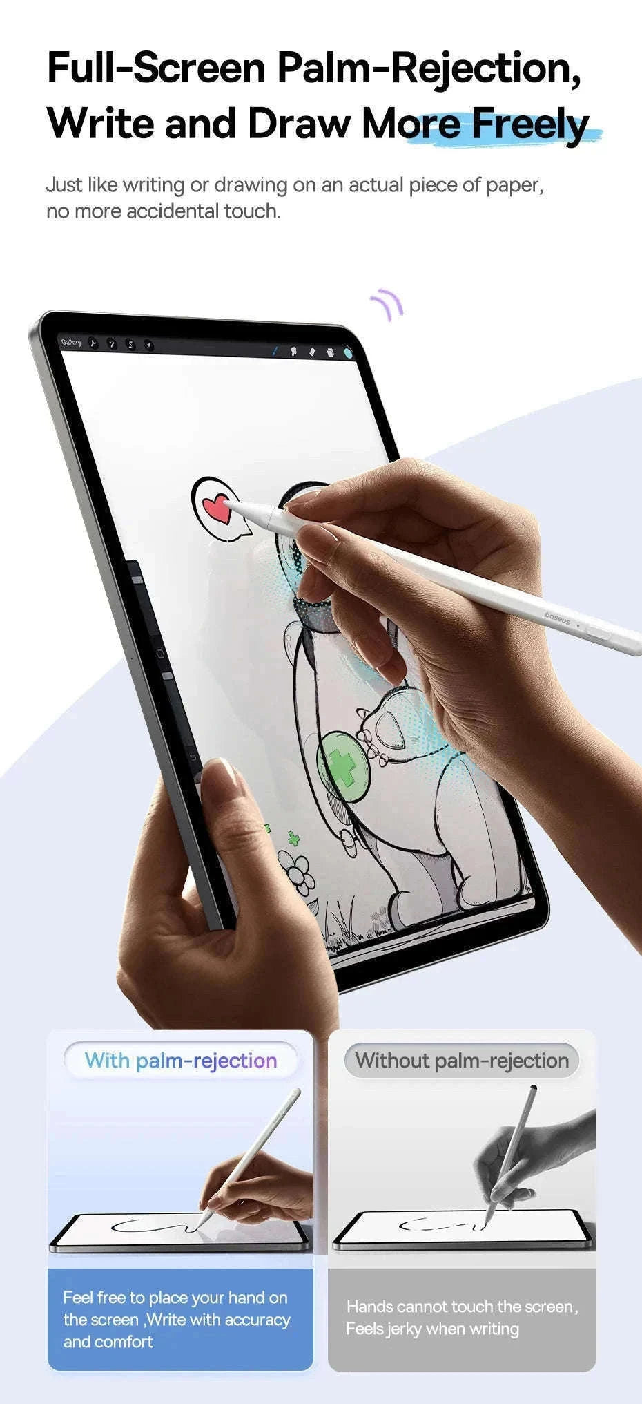 Stylus Pen for iPad with Palm Rejection, LED & Magnetic Design-WHITE