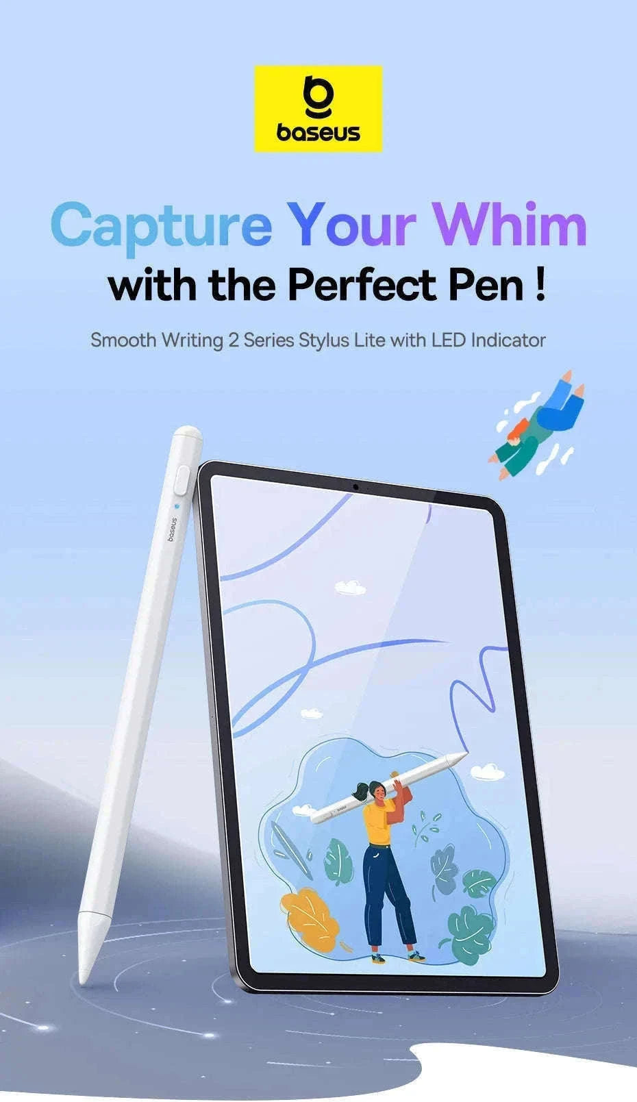 Stylus Pen for iPad with Palm Rejection, LED & Magnetic Design-WHITE