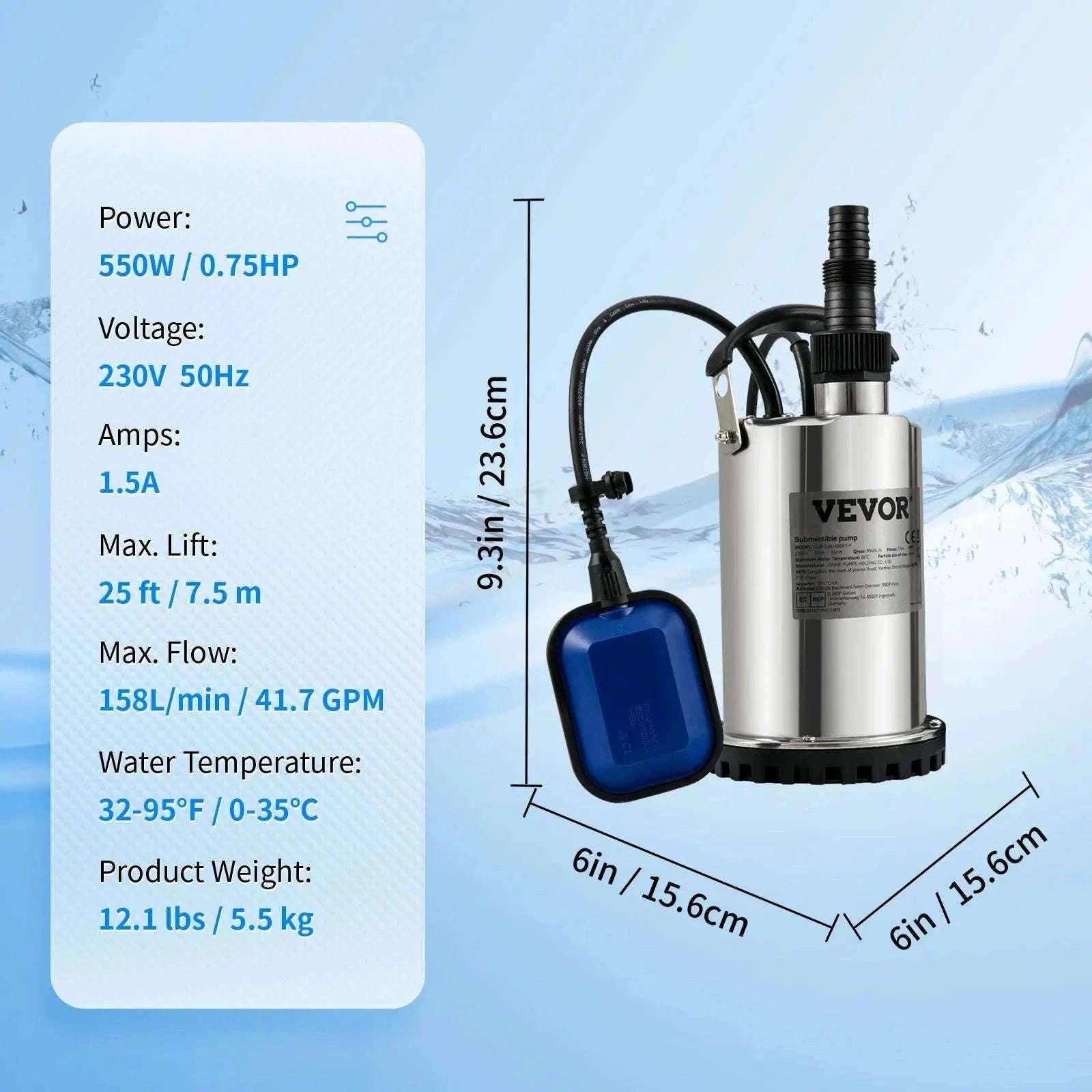 Submersible Sewage Pump for Water Drainage-550W 0.75HP / EU / spain