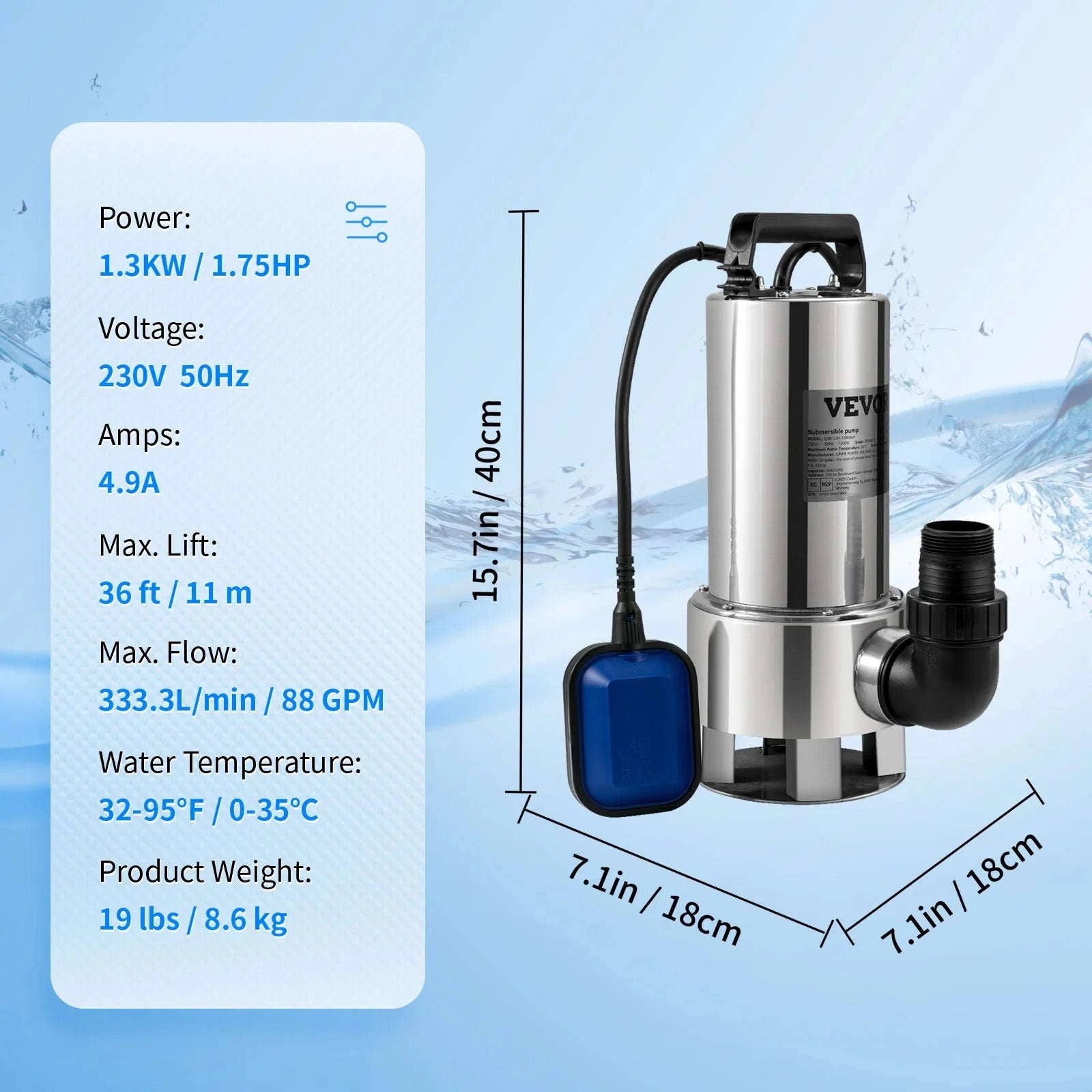 Submersible Sewage Pump for Water Drainage-550W 0.75HP / EU / spain