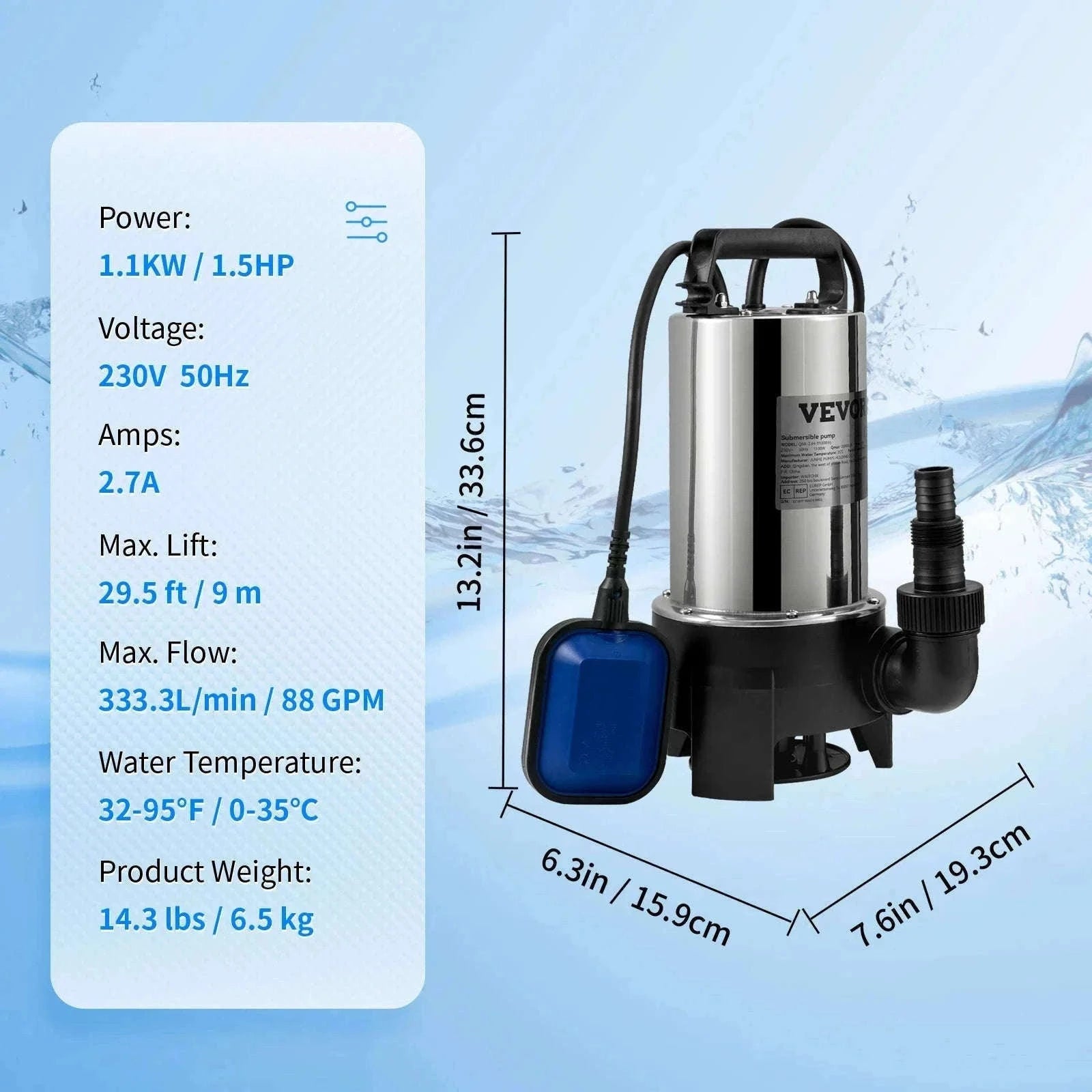 Submersible Sewage Pump for Water Drainage-550W 0.75HP / EU / spain