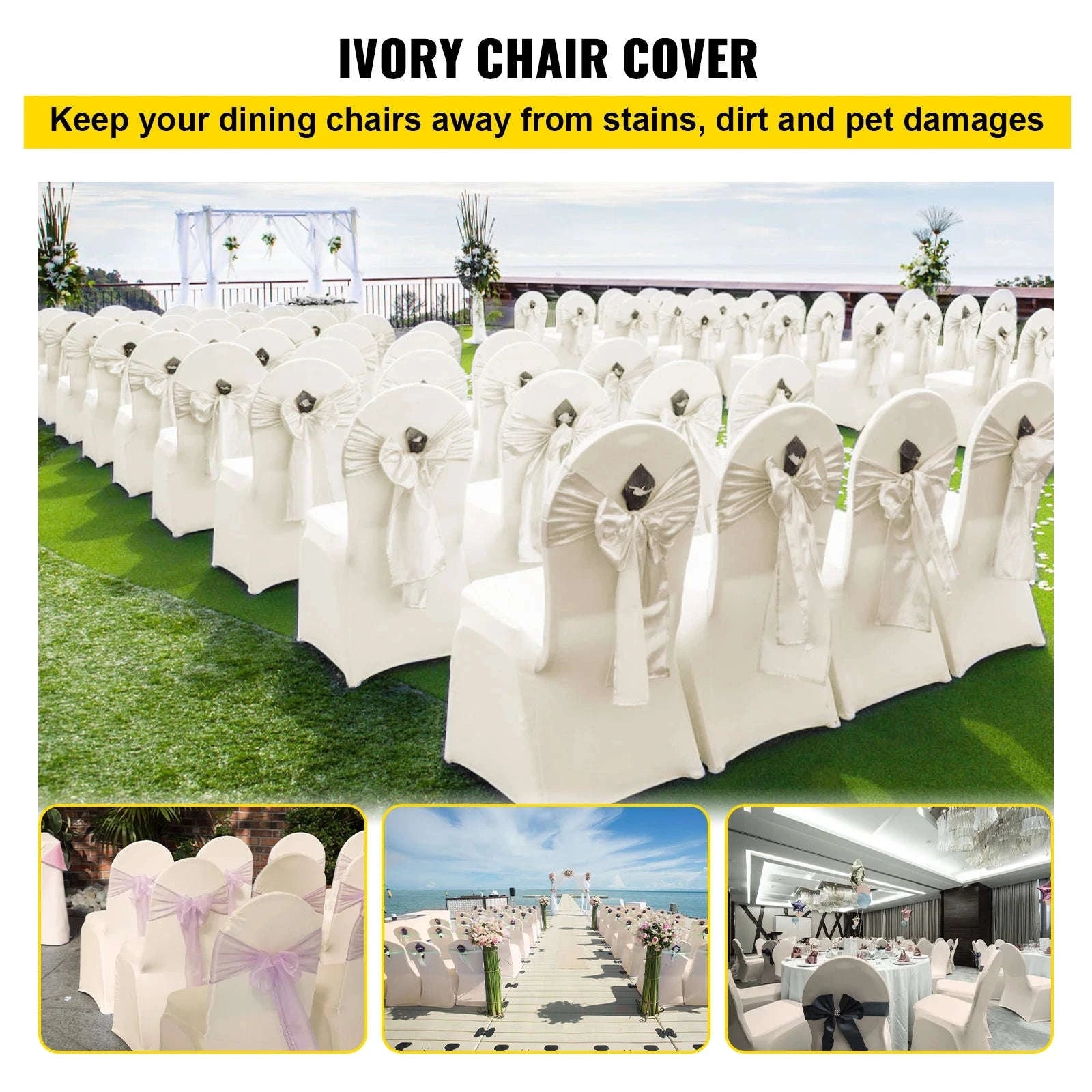 SucceBuy 100Pcs Wedding Chair Covers Stretch Polyester Spandex Slipcover Folding Flat Front Chair Covers for Hotel Dining Party-Ivory 100pcs / france