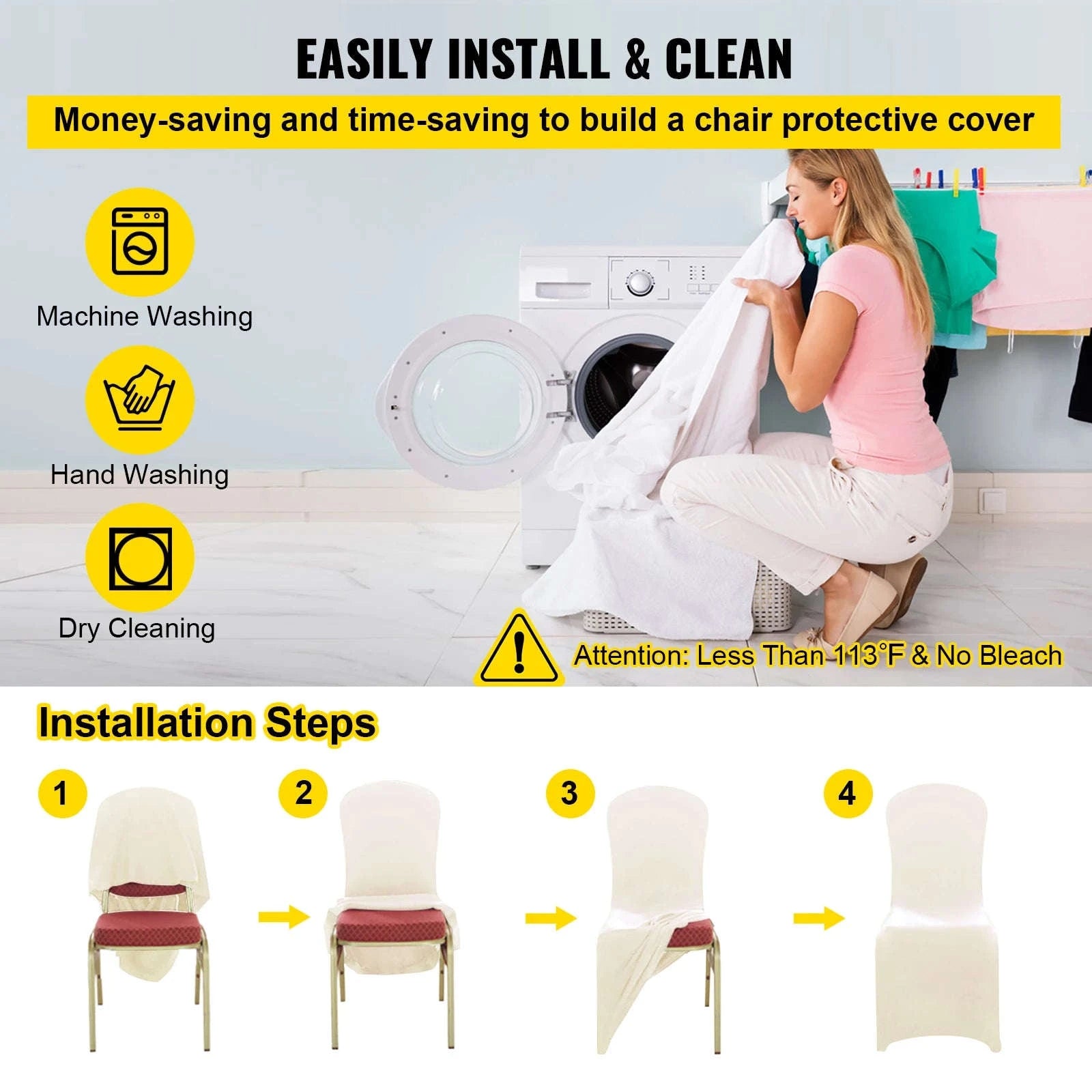 SucceBuy 100Pcs Wedding Chair Covers Stretch Polyester Spandex Slipcover Folding Flat Front Chair Covers for Hotel Dining Party-Ivory 100pcs / france