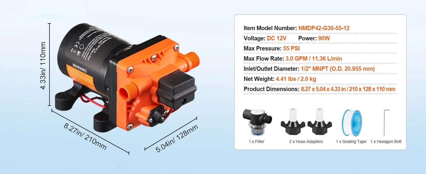 SucceBuy 12V Diaphragm Pump 1.8/3/3.5/5 GPM 3/4/5-Chamber 40-100 PSI Adjustable 1/2'' MNPT Port for RV Yacht Food Truck Camper-5.0 GPM 5-Chamber / EU / Poland