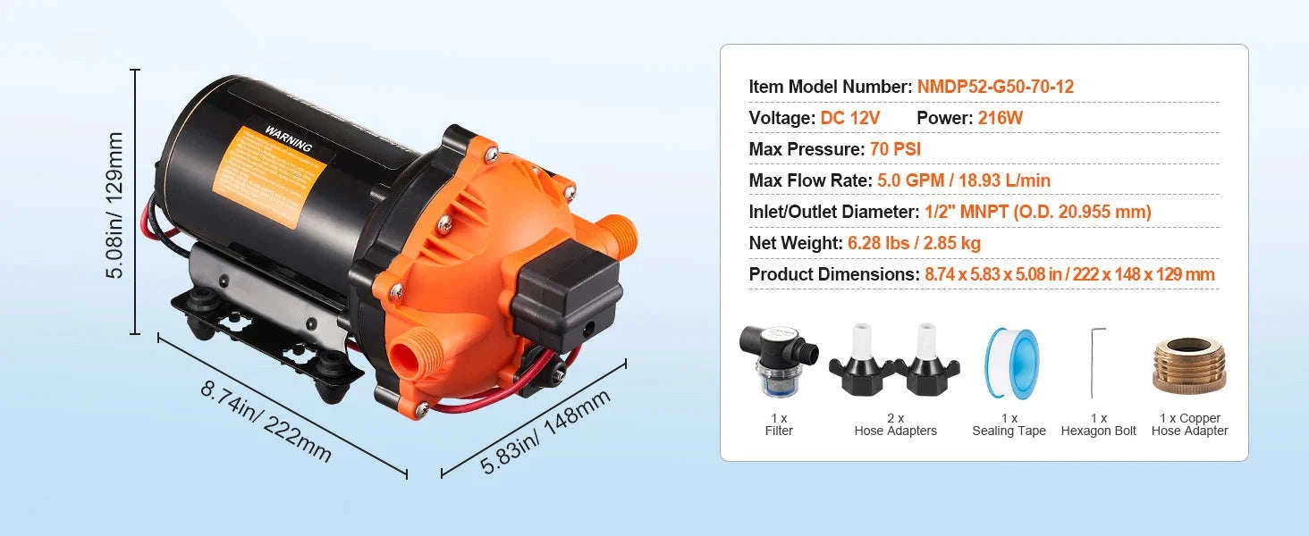 SucceBuy 12V Diaphragm Pump 1.8/3/3.5/5 GPM 3/4/5-Chamber 40-100 PSI Adjustable 1/2'' MNPT Port for RV Yacht Food Truck Camper-5.0 GPM 5-Chamber / EU / Poland