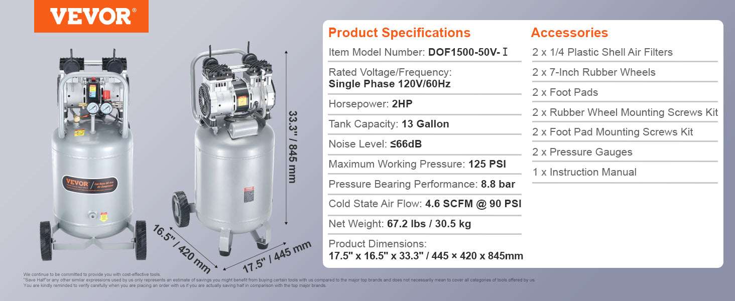 SucceBuy 13 Gallon Air Compressor 2HP Oil Free Air Compressor with 125 PSI Max Pressure for Tire Inflation Auto Repair Painting-United States