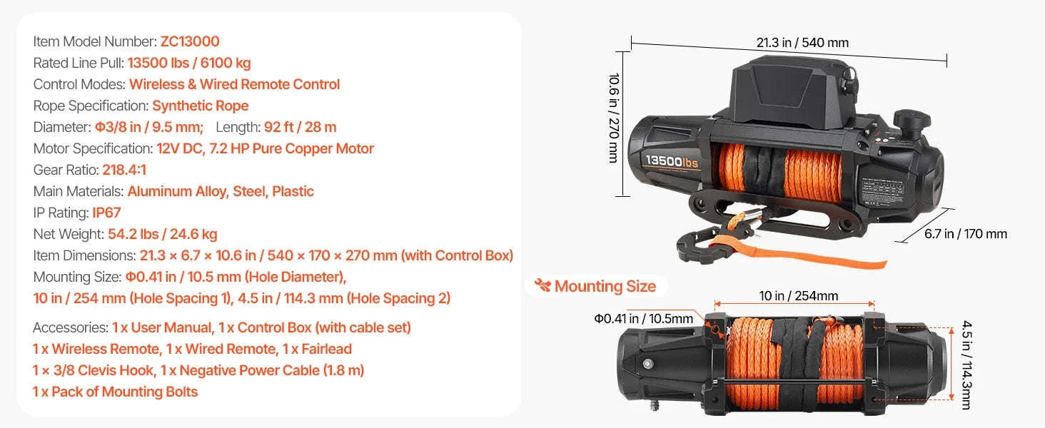 SucceBuy 13500LBS 12V Electric Winch Synthetic Tow Rope Car Winch 28M Lifting Hoist for 4X4 Car Trailer ATV Truck Off Road Boat-13500LBS / 27M / spain