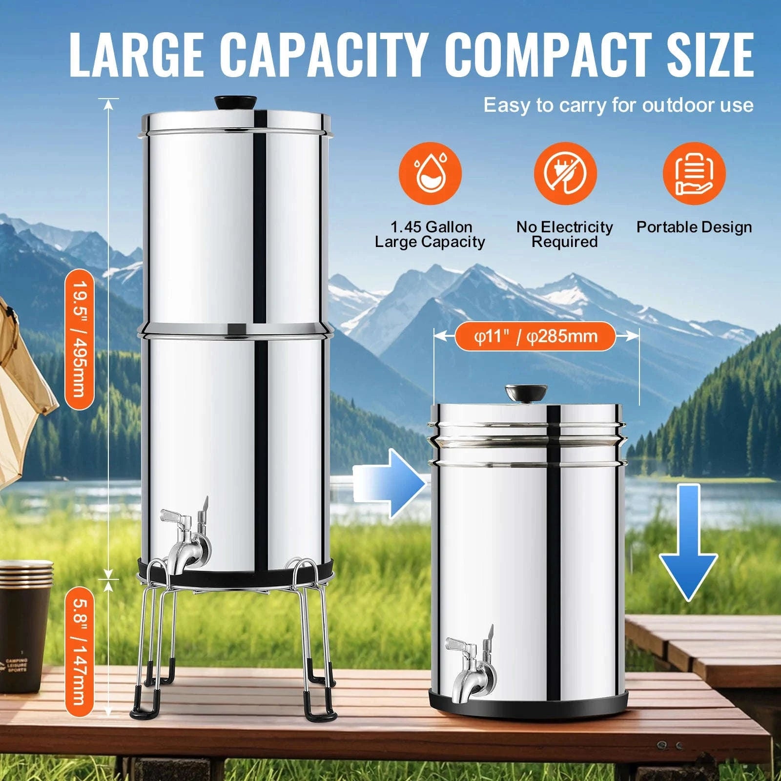 SucceBuy 2.25Gallon Gravity-fed Water Filter System 304Stainless-Steel Water Filtration System with Carbon Filters/Spigot/Stand-2.25 Gallon / United States