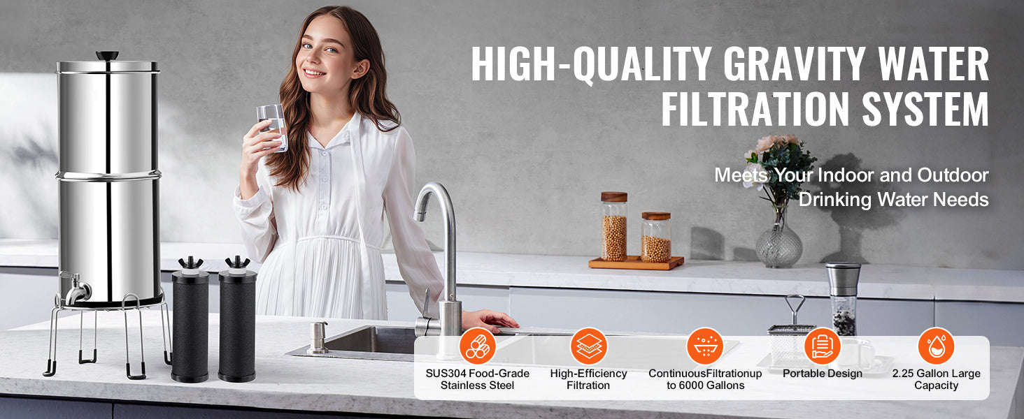 SucceBuy 2.25Gallon Gravity-fed Water Filter System 304Stainless-Steel Water Filtration System with Carbon Filters/Spigot/Stand-2.25 Gallon / United States