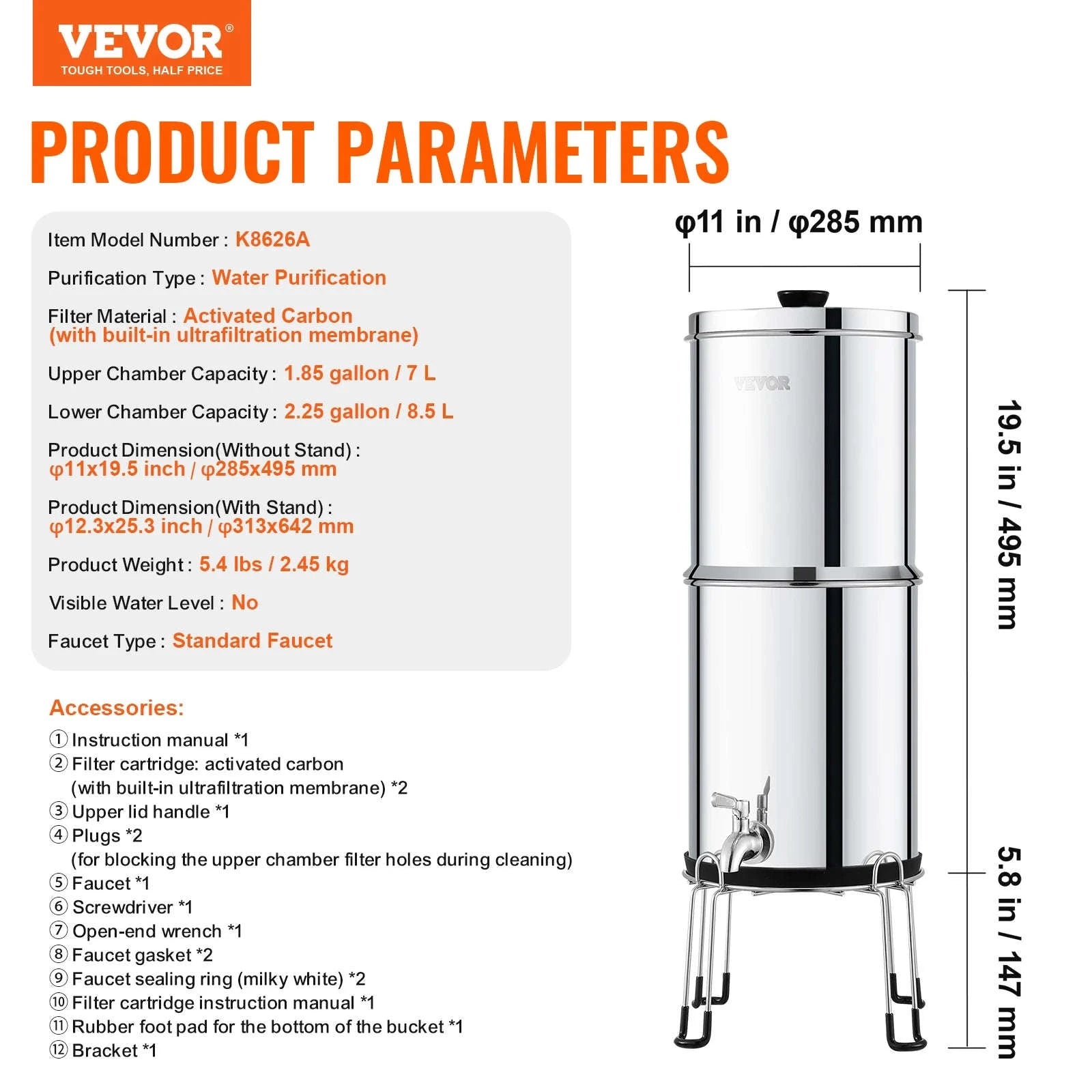 SucceBuy 2.25Gallon Gravity-fed Water Filter System 304Stainless-Steel Water Filtration System with Carbon Filters/Spigot/Stand-2.25 Gallon / United States