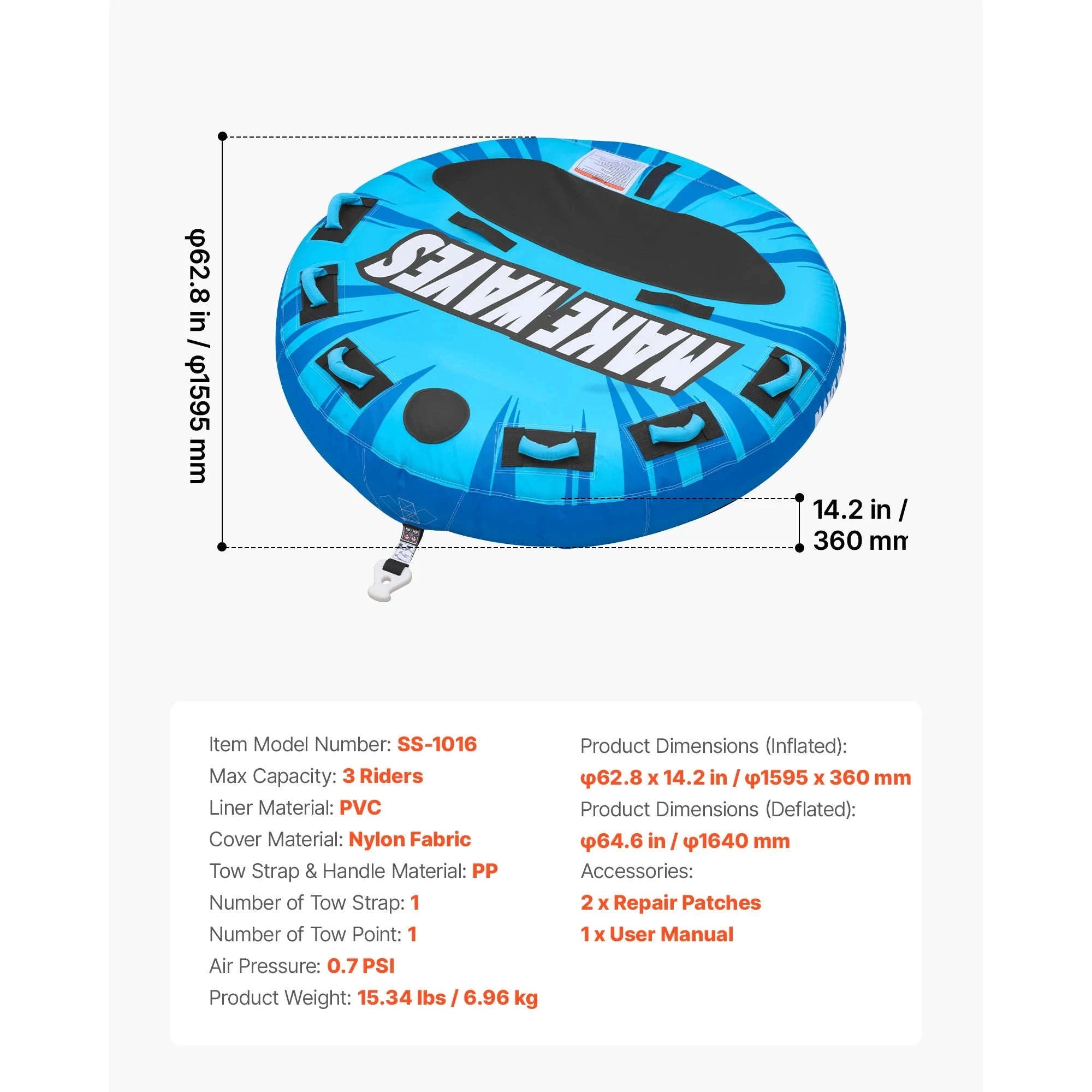 SucceBuy 2/3 Rider Towable Tubes Boating 340/510/680 lbs Inflatable Tube Anti-Slip Pad Nylon Cover Padded Handles Safety Valve-3 Riders TypeA / United States