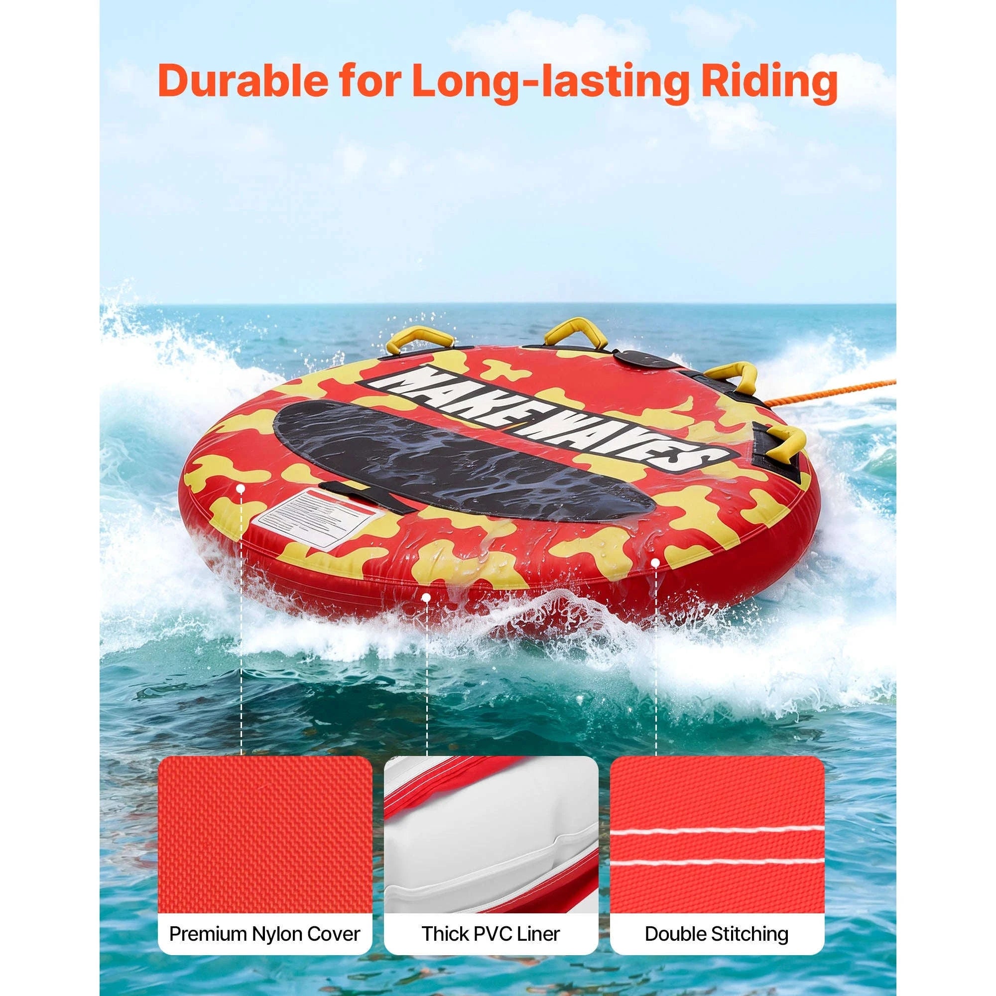 SucceBuy 2/3 Rider Towable Tubes Boating 340/510/680 lbs Inflatable Tube Anti-Slip Pad Nylon Cover Padded Handles Safety Valve-3 Riders TypeA / United States