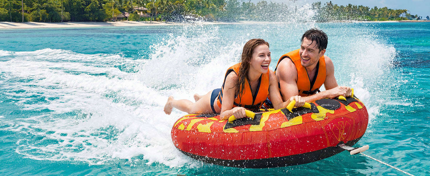 SucceBuy 2/3 Rider Towable Tubes Boating 340/510/680 lbs Inflatable Tube Anti-Slip Pad Nylon Cover Padded Handles Safety Valve-3 Riders TypeA / United States