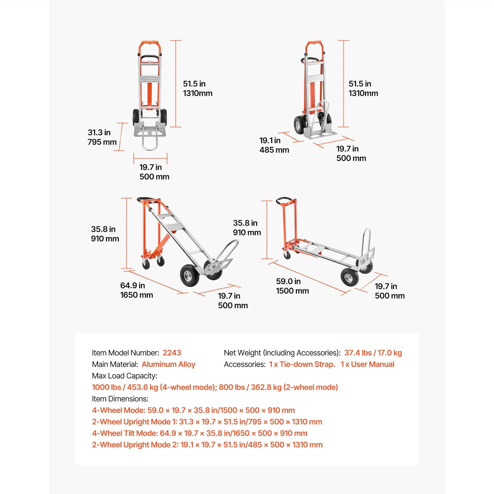 SucceBuy 4 in 1 Hand Truck 1000 lbs Load Capacity for 4-Wheel Mode Aluminum Alloy Portable Trolley Dolly for Moving Home Office-1000 lbs / Poland